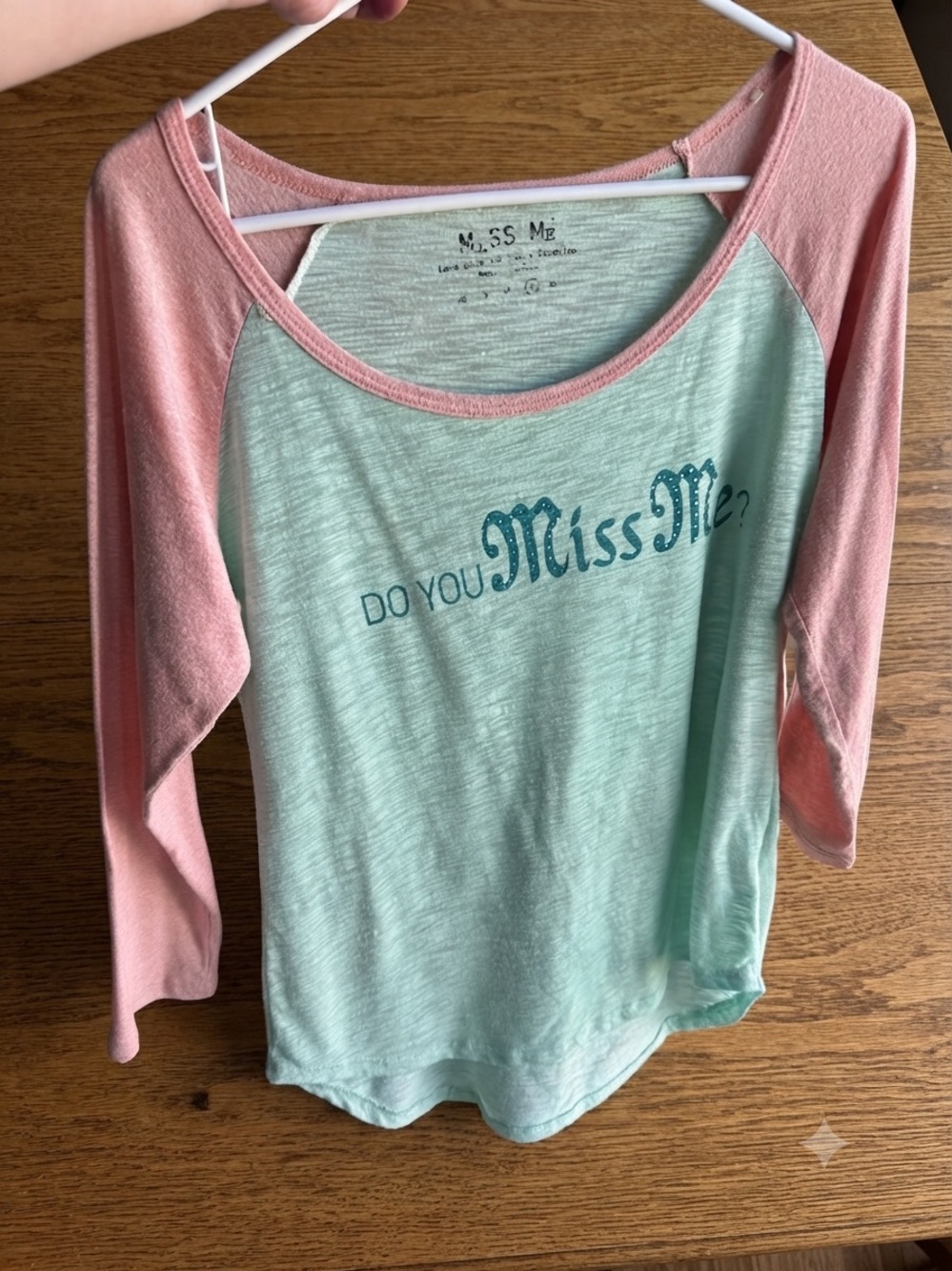 Miss Me Graphic Raglan Baseball Tee Mint Green Pink Size L